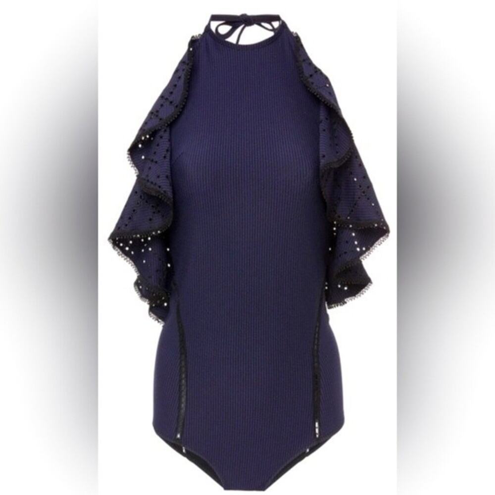 Jonathan Simkhai Seersucker One Piece Swimsuit Ruffled Open Back Resort Beach L